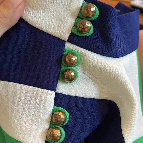 Vtg 60s/70s Young Street Brand Green, Navy Blue & White Double Knit Pant Suit - Picture 6 of 10